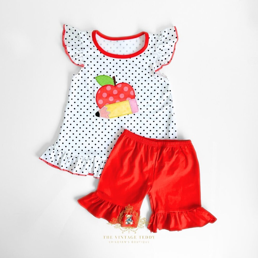 NWT Pretty Girls Top & Shorts Matching Set Embroidery Patchwork Apple School 6-7